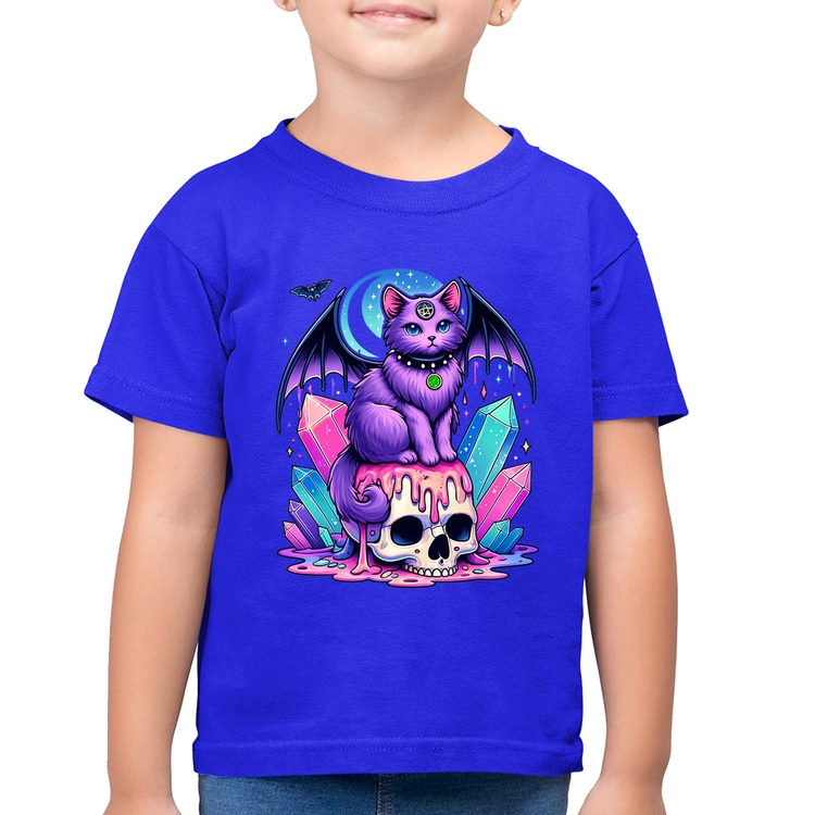 Camiseta Algodão Infantil Gato Gótico Arte - Azul Royal
