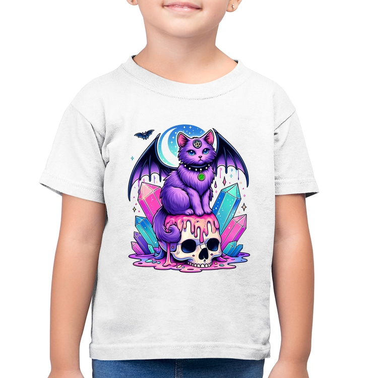 Camiseta Algodão Infantil Gato Gótico Arte - Branca