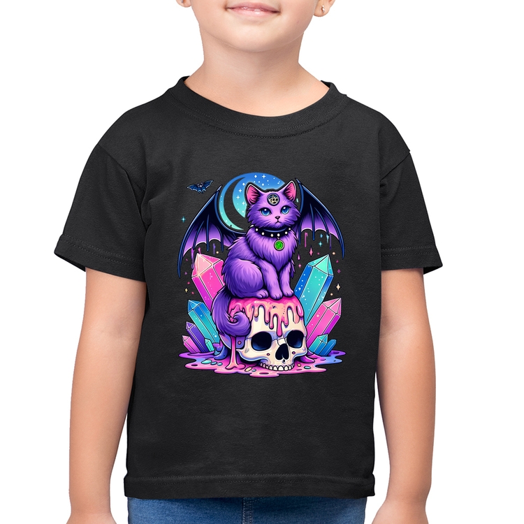Camiseta Algodão Infantil Gato Gótico Arte