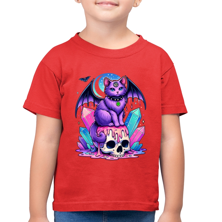 Camiseta Algodão Infantil Gato Gótico Arte - Vermelha