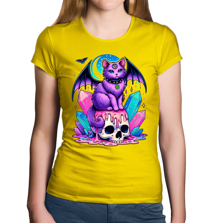 Baby Look Algodão Gato Gótico Arte - Amarela