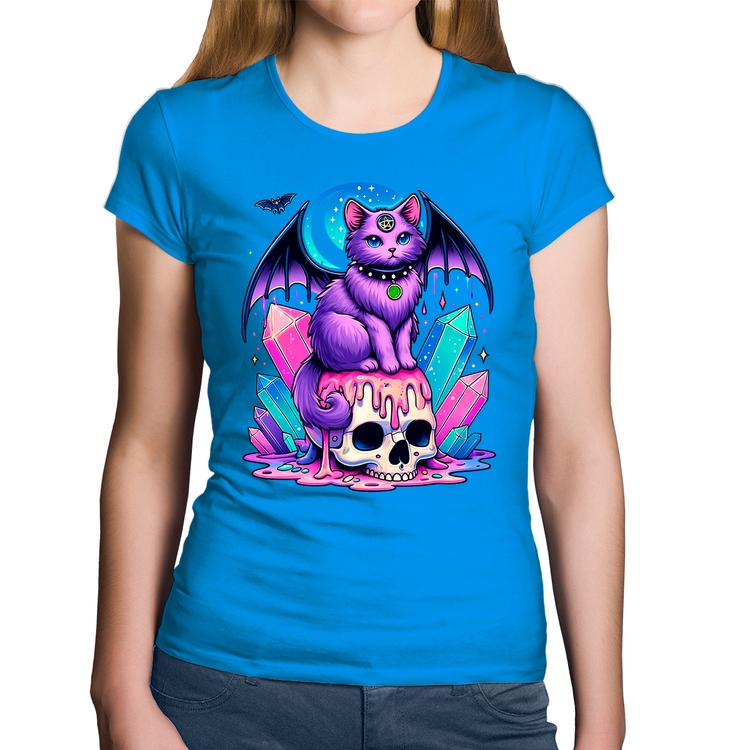 Baby Look Algodão Gato Gótico Arte - Azul