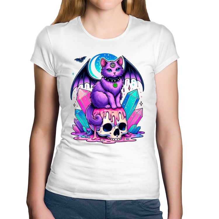 Baby Look Algodão Gato Gótico Arte - Branca