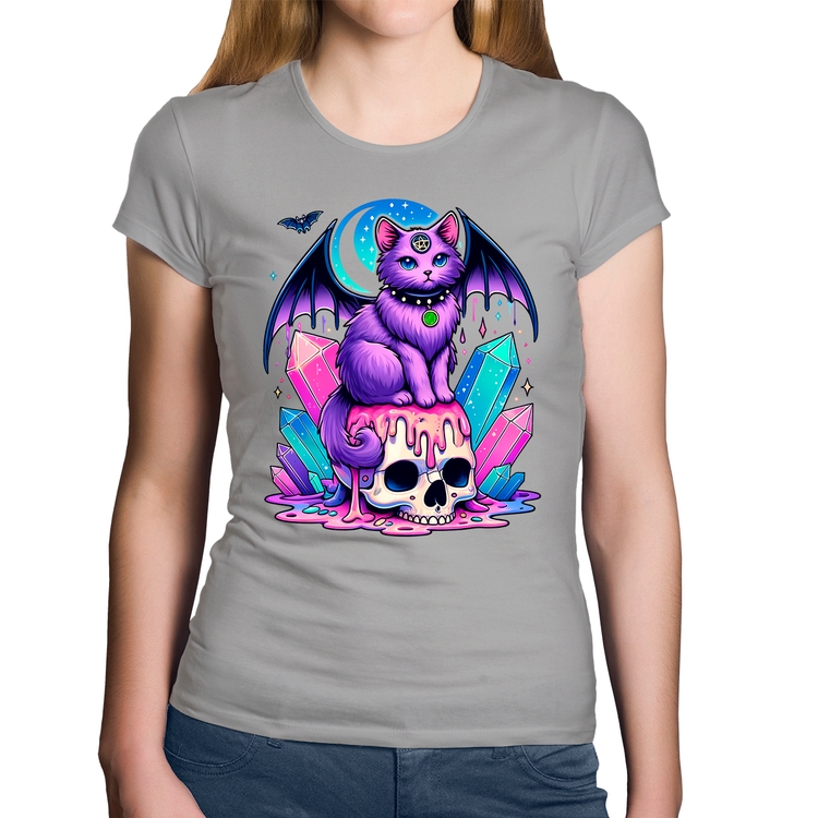 Baby Look Algodão Gato Gótico Arte - Cinza