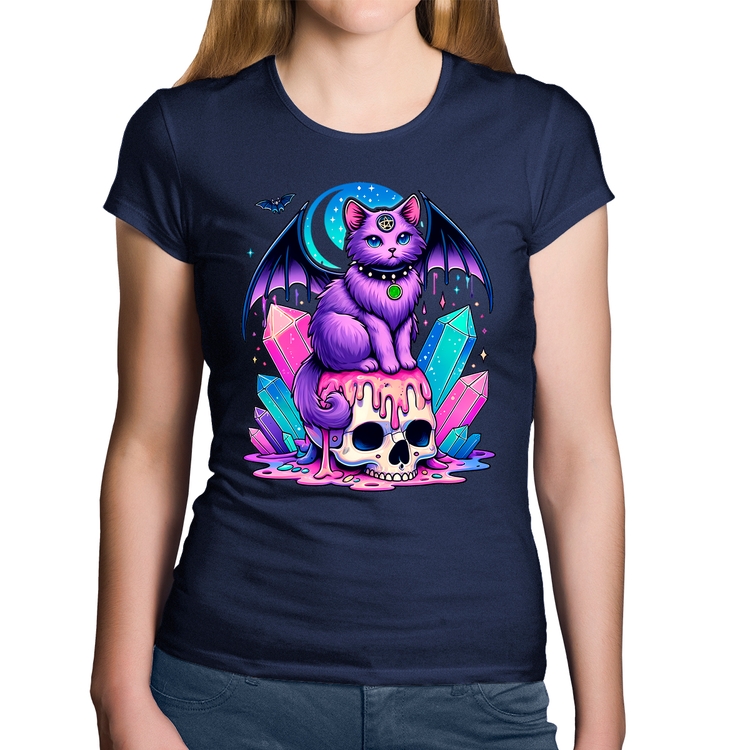 Baby Look Algodão Gato Gótico Arte - Marinho