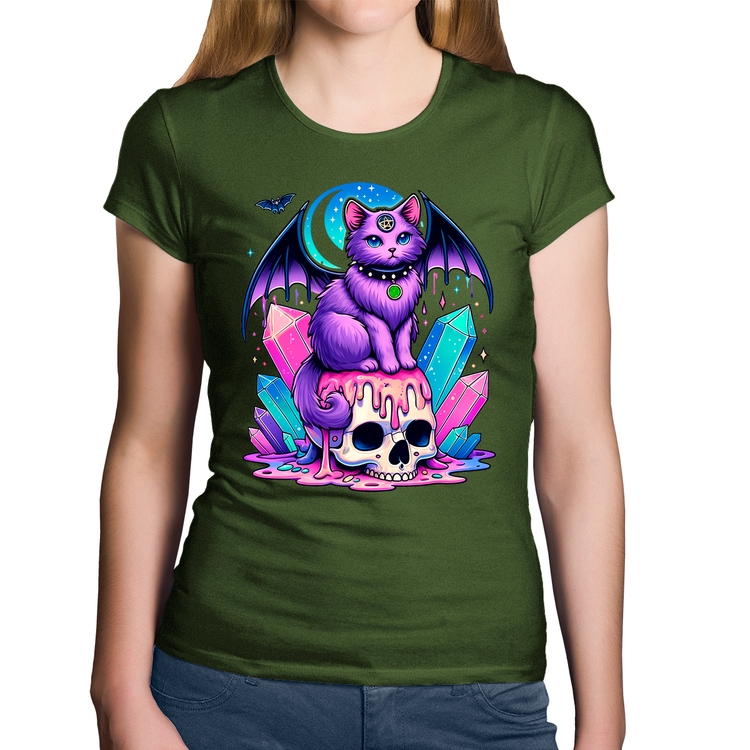 Baby Look Algodão Gato Gótico Arte - Musgo