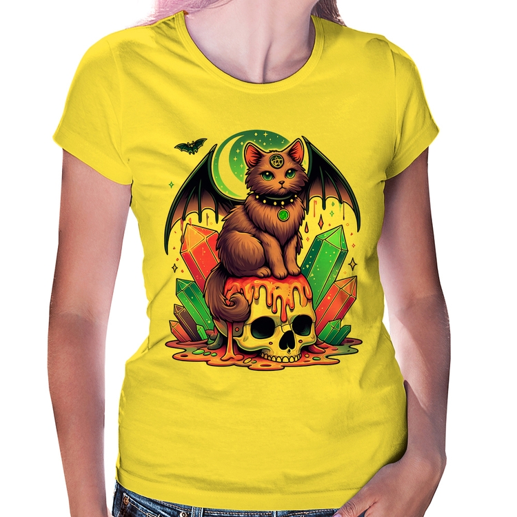 Baby Look Gato Gótico Arte - Amarela