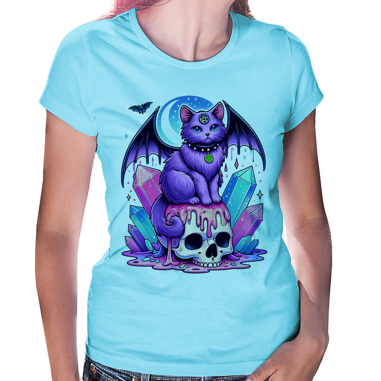 Baby Look Gato Gótico Arte - Azul Bebê