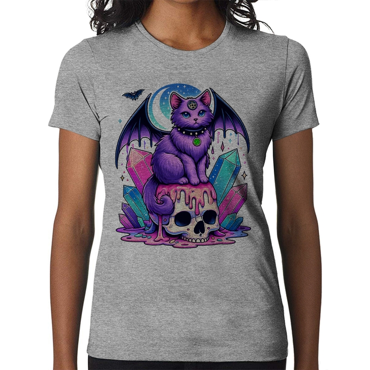 Baby Look Gato Gótico Arte - Cinza