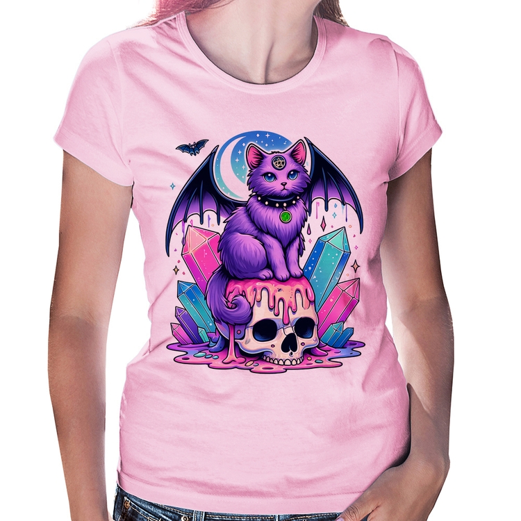 Baby Look Gato Gótico Arte - Rosa Bebê