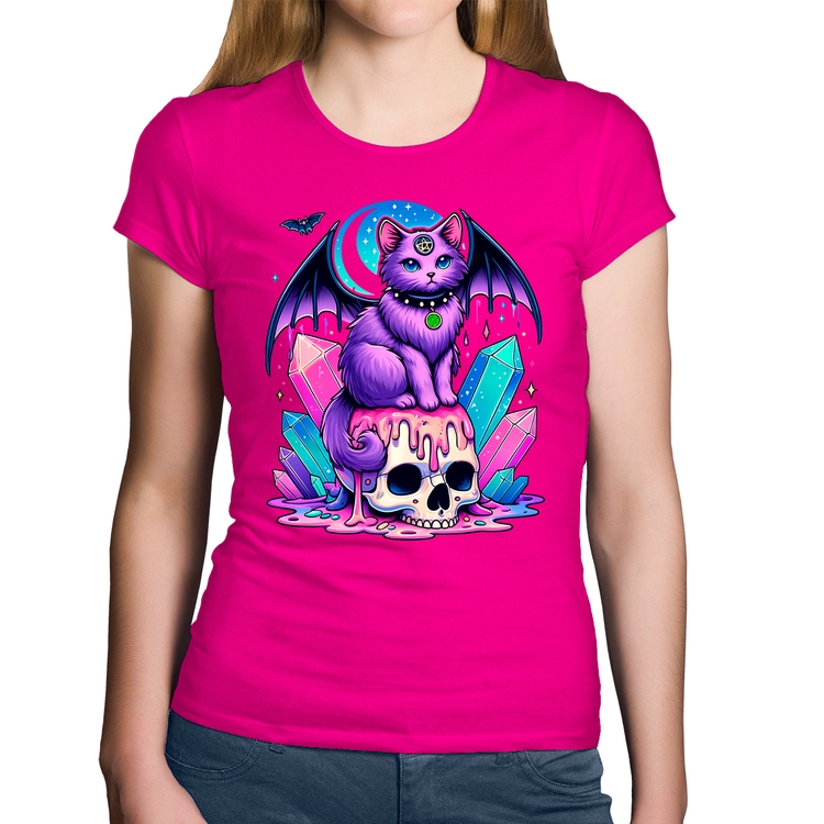 Baby Look Algodão Gato Gótico Arte - Rosa