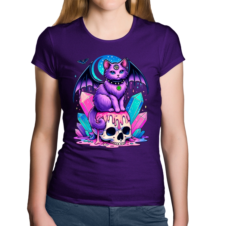 Baby Look Algodão Gato Gótico Arte - Roxa