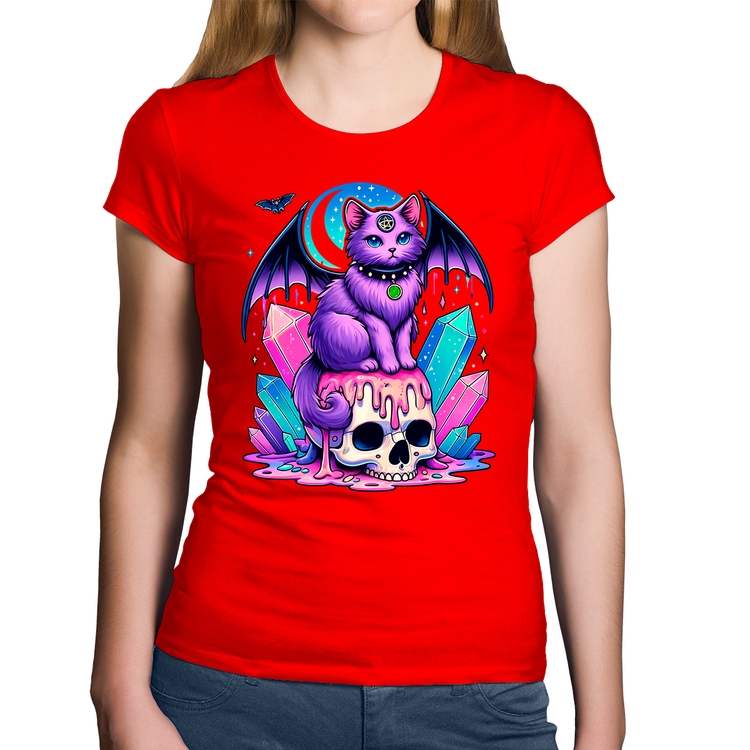 Baby Look Algodão Gato Gótico Arte - Vermelha