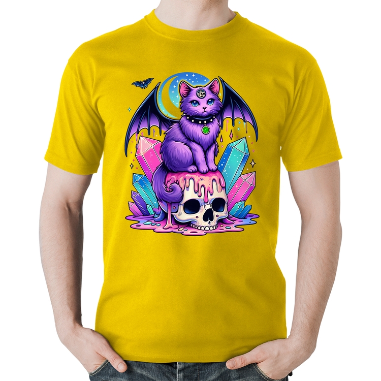 Camiseta Algodão Gato Gótico Arte - Amarela