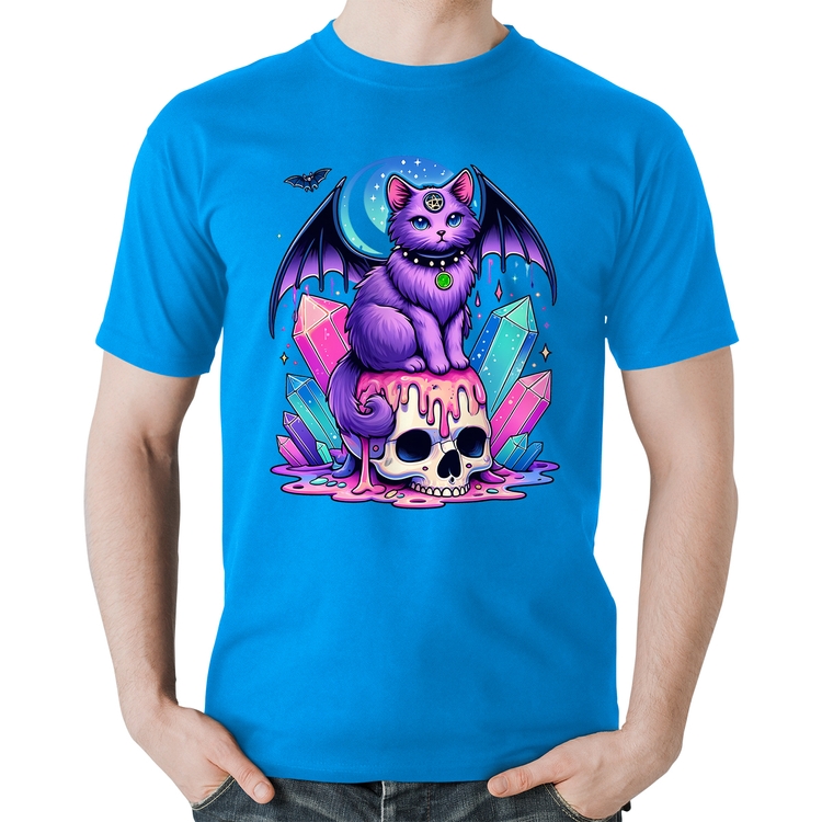 Camiseta Algodão Gato Gótico Arte - Azul