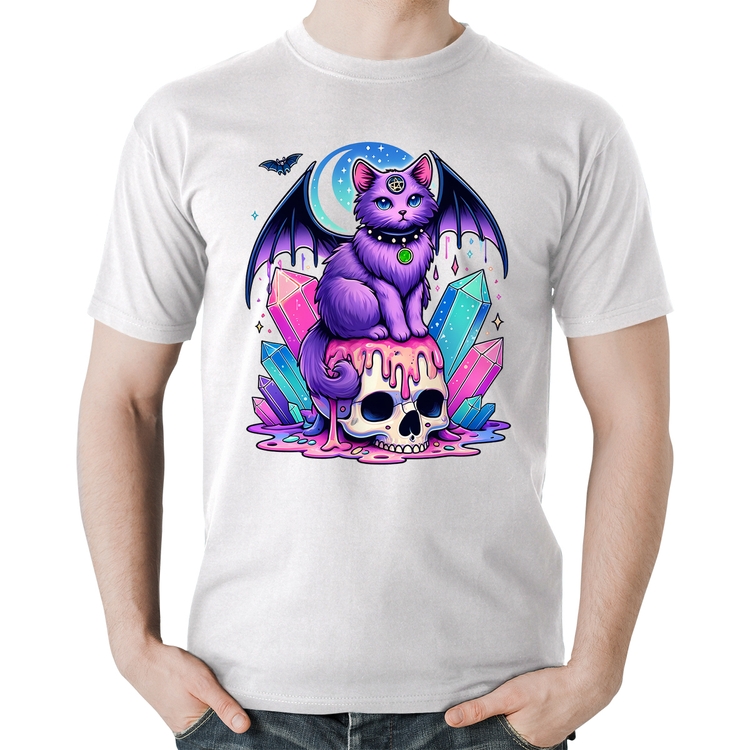 Camiseta Algodão Gato Gótico Arte - Branca