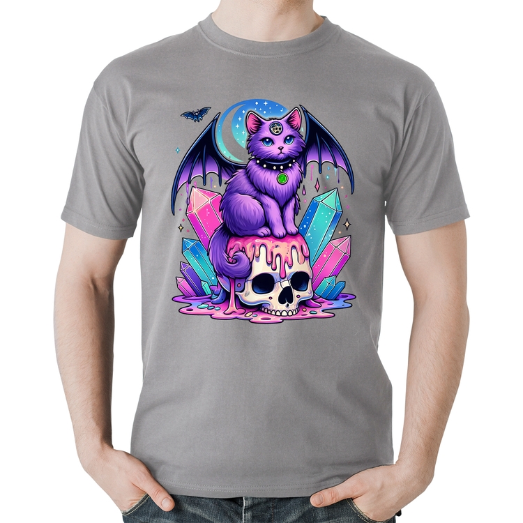 Camiseta Algodão Gato Gótico Arte - Cinza