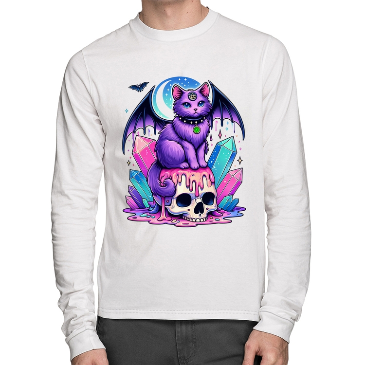 Camiseta Algodão Gato Gótico Arte Manga Longa - Branca