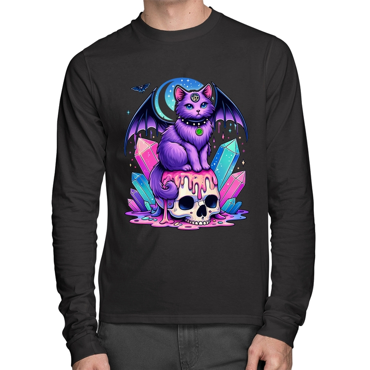 Camiseta Algodão Gato Gótico Arte Manga Longa