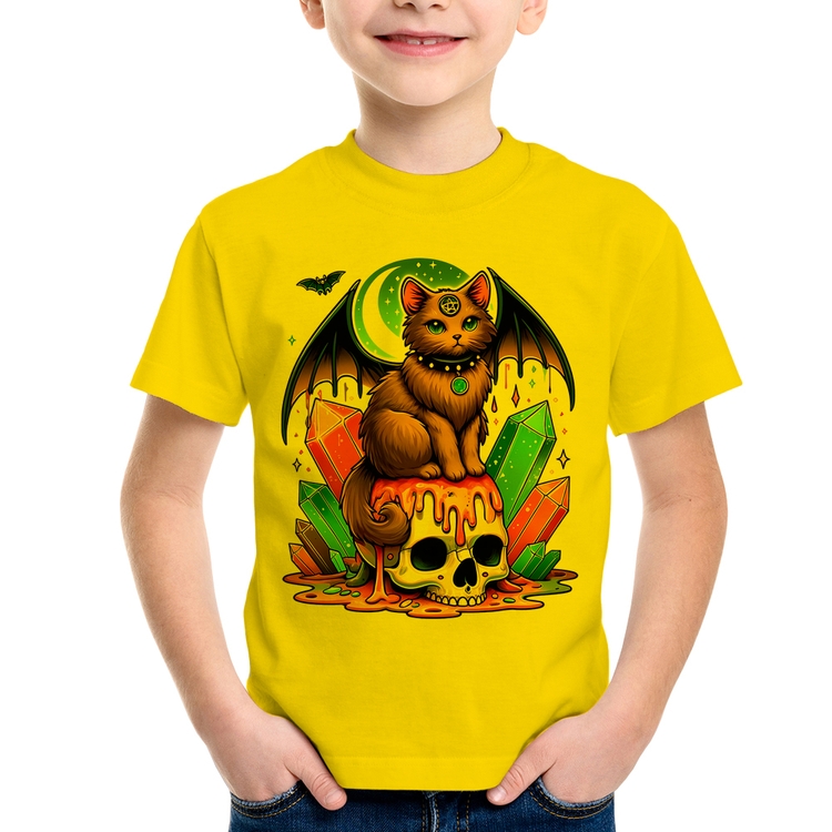Camiseta Infantil Gato Gótico Arte - Amarela