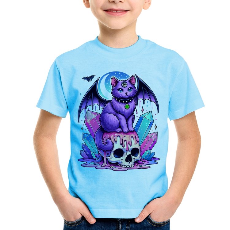 Camiseta Infantil Gato Gótico Arte - Azul Bebê