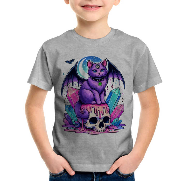 Camiseta Infantil Gato Gótico Arte - Cinza