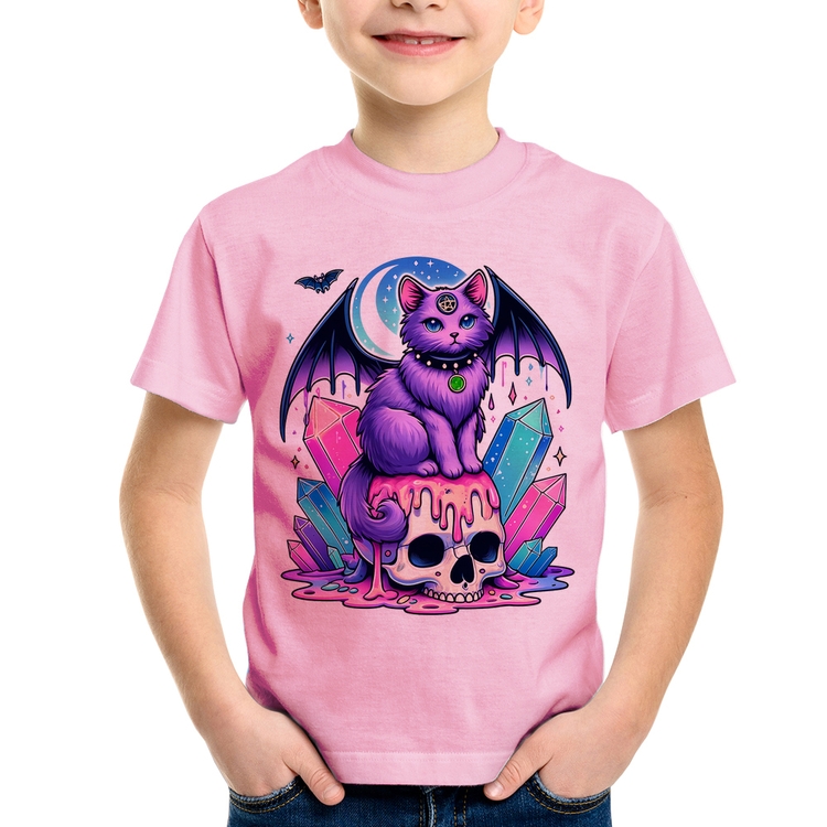 Camiseta Infantil Gato Gótico Arte - Rosa Bebê