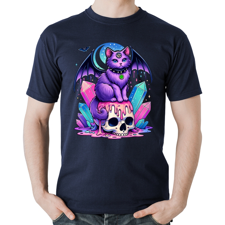 Camiseta Algodão Gato Gótico Arte - Marinho