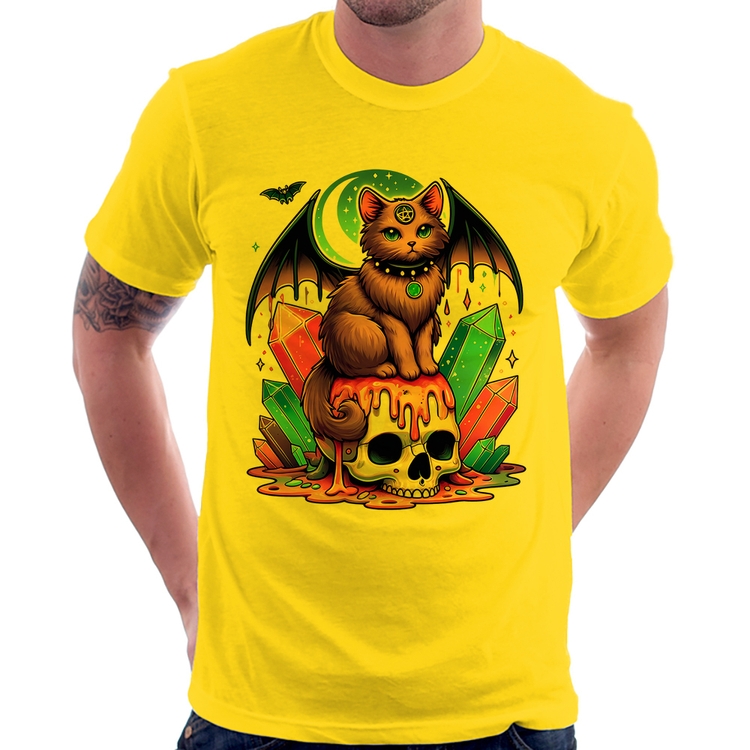 Camiseta Gato Gótico Arte - Amarela