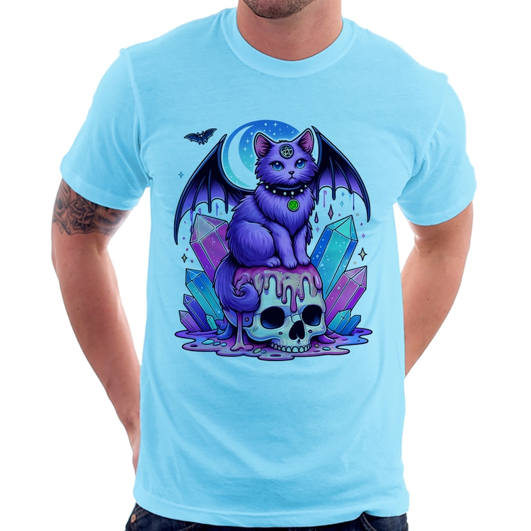 Camiseta Gato Gótico Arte - Azul Bebê