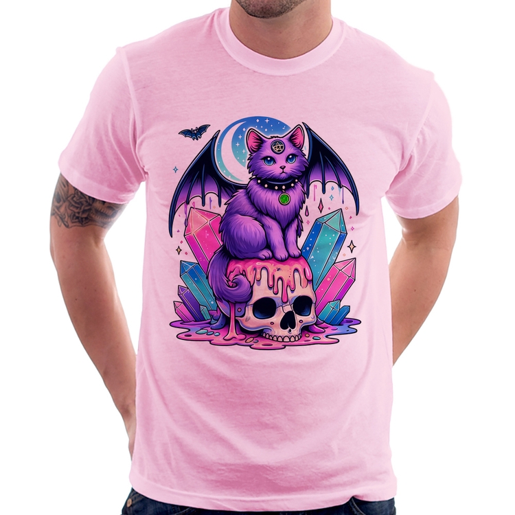 Camiseta Gato Gótico Arte - Rosa Bebê