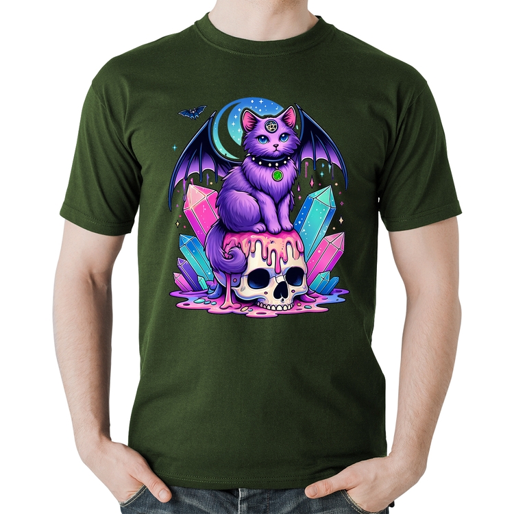 Camiseta Algodão Gato Gótico Arte - Musgo