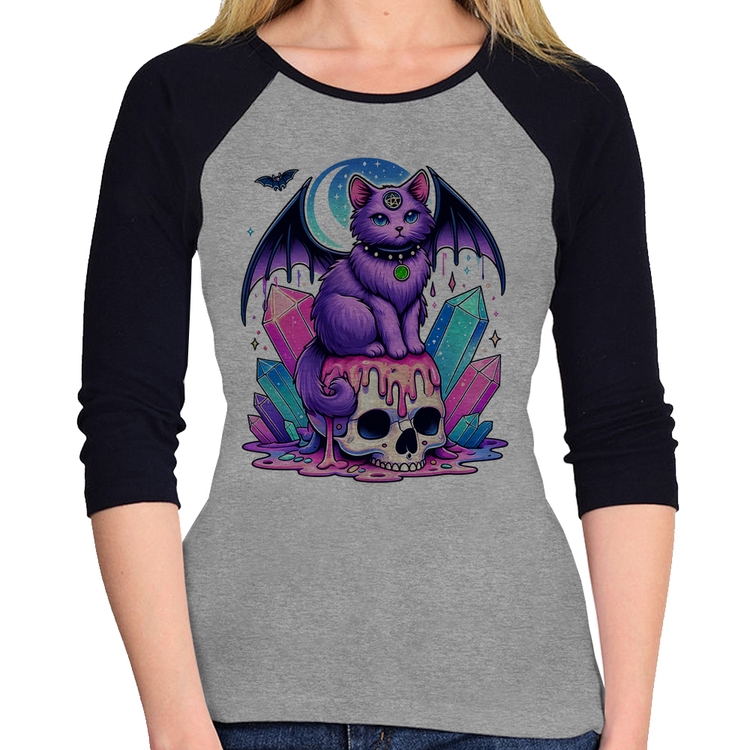 Baby Look Raglan Gato Gótico Arte Manga 3/4 - Cinza/Preto