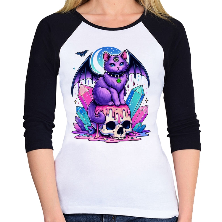 Baby Look Raglan Gato Gótico Arte Manga 3/4