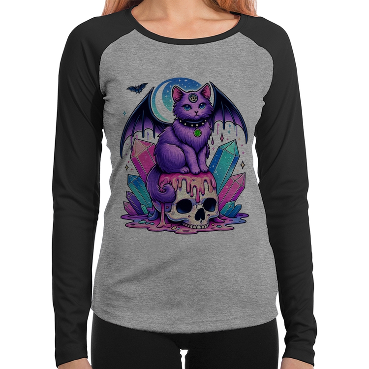 Baby Look Raglan Gato Gótico Arte Manga Longa - Cinza/Preto