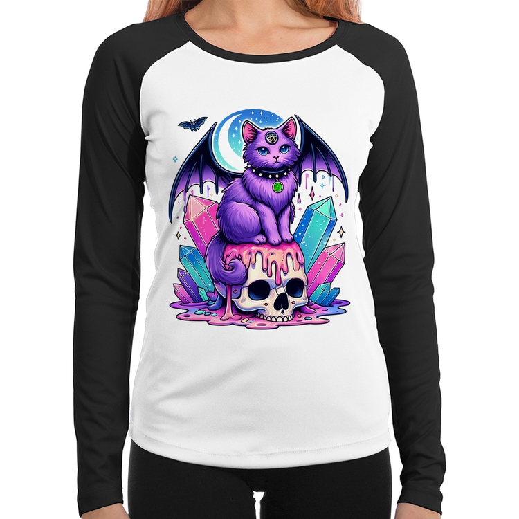 Baby Look Raglan Gato Gótico Arte Manga Longa