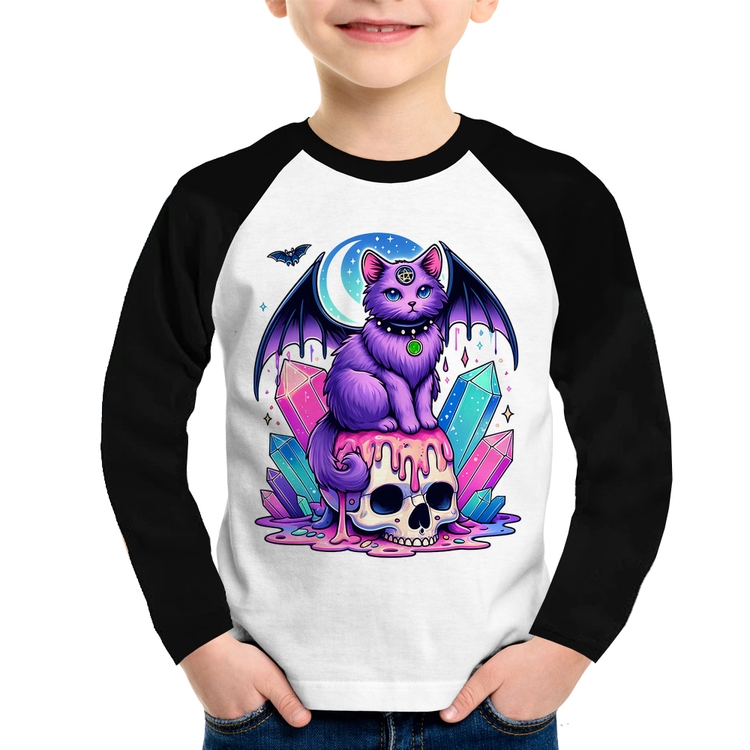 Camiseta Raglan Infantil Gato Gótico Arte Manga Longa