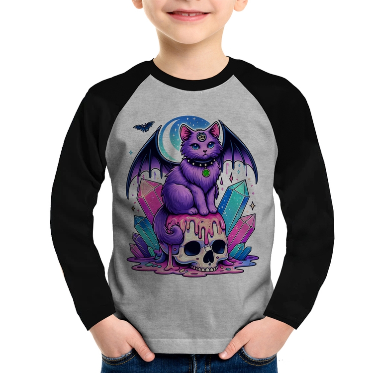 Camiseta Raglan Infantil Gato Gótico Arte Manga Longa - Cinza/Preto