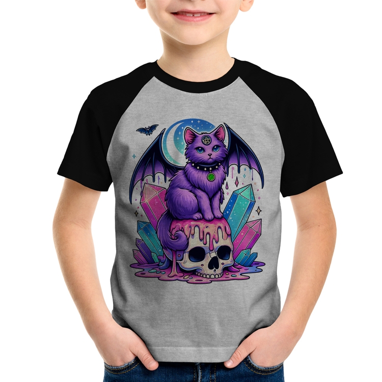 Camiseta Raglan Infantil Gato Gótico Arte - Cinza/Preto