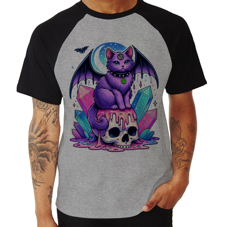 Camiseta Raglan Gato Gótico Arte - Cinza/Preto