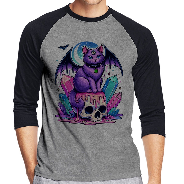 Camiseta Raglan Gato Gótico Arte Manga 3/4 - Cinza/Preto