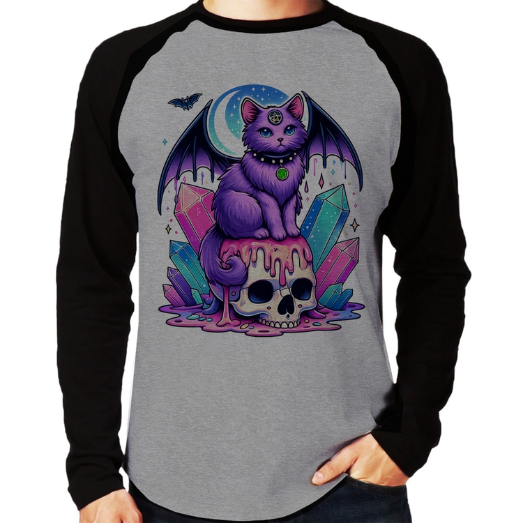Camiseta Raglan Gato Gótico Arte Manga Longa - Cinza/Preto