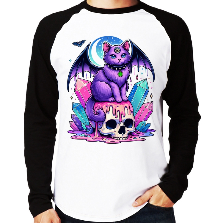Camiseta Raglan Gato Gótico Arte Manga Longa
