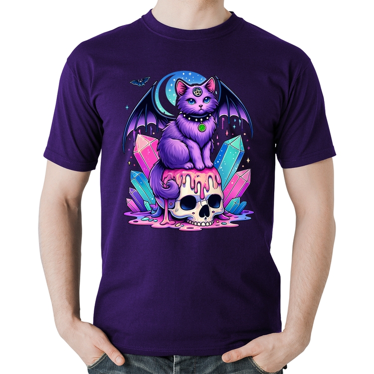 Camiseta Algodão Gato Gótico Arte - Roxa
