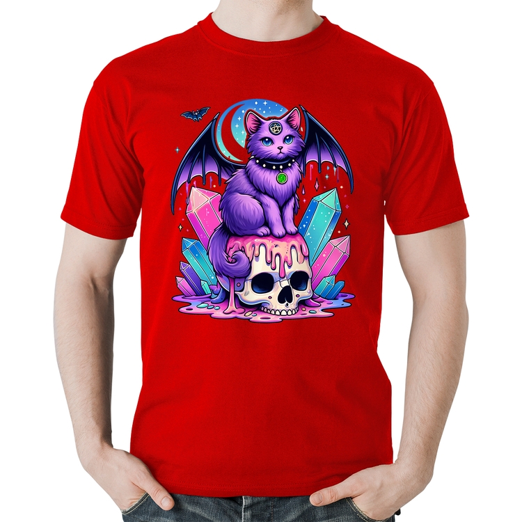 Camiseta Algodão Gato Gótico Arte - Vermelha