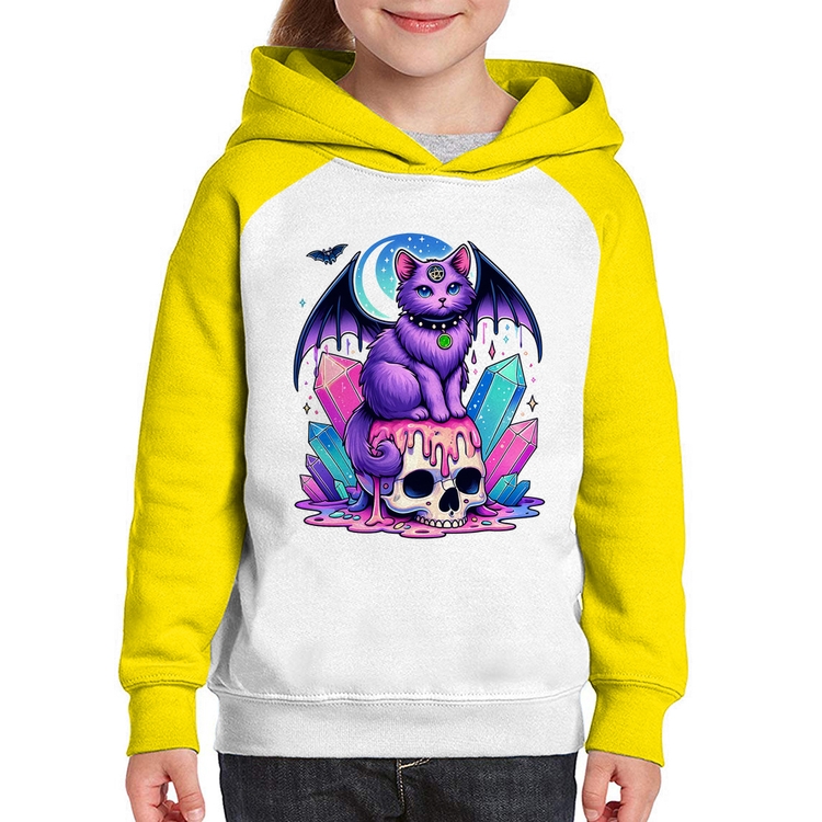 Moletom Infantil Gato Gótico Arte - Branco/Amarelo