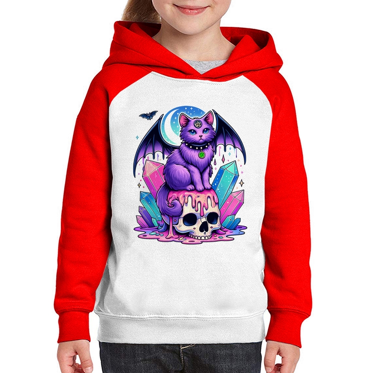 Moletom Infantil Gato Gótico Arte - Branco/Vermelho