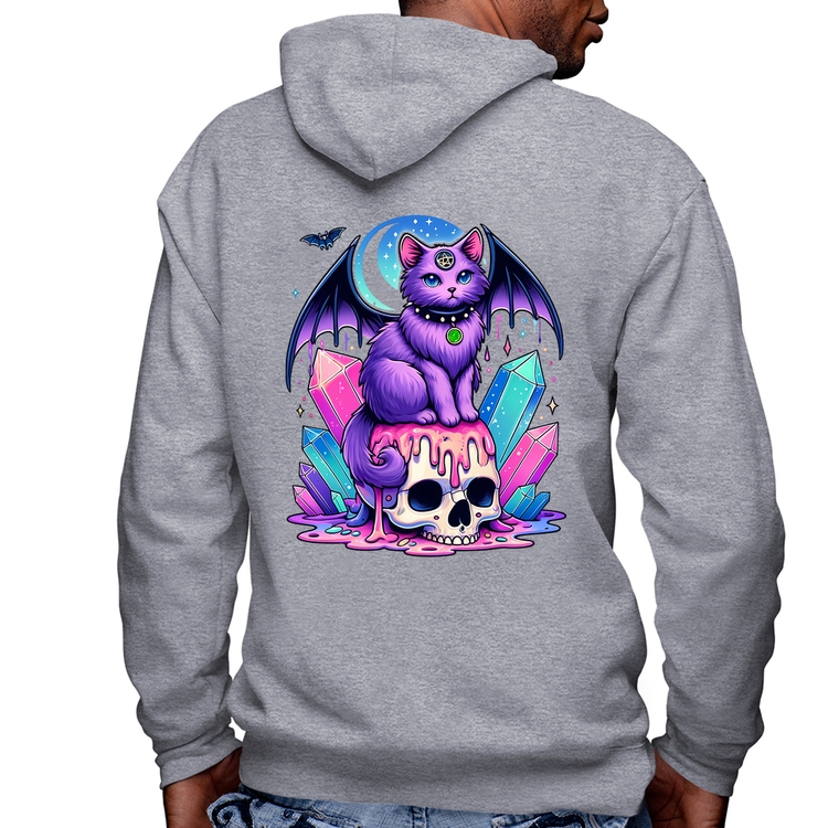 Blusa Moletom Gato Gótico Arte Masculina com Capuz e Zíper - Mescla