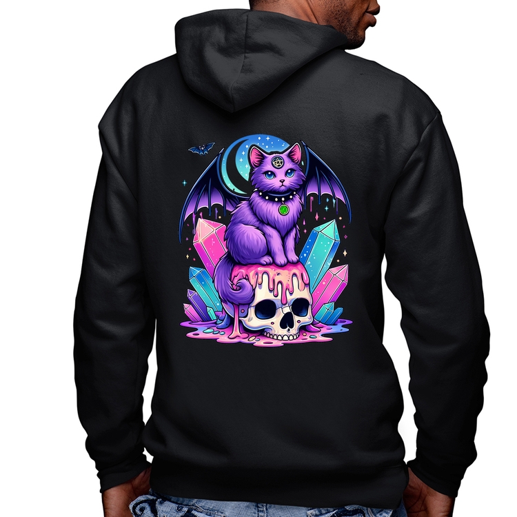 Blusa Moletom Gato Gótico Arte Masculina com Capuz e Zíper