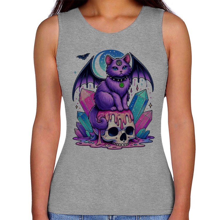 Regata Feminina Gato Gótico Arte - Cinza